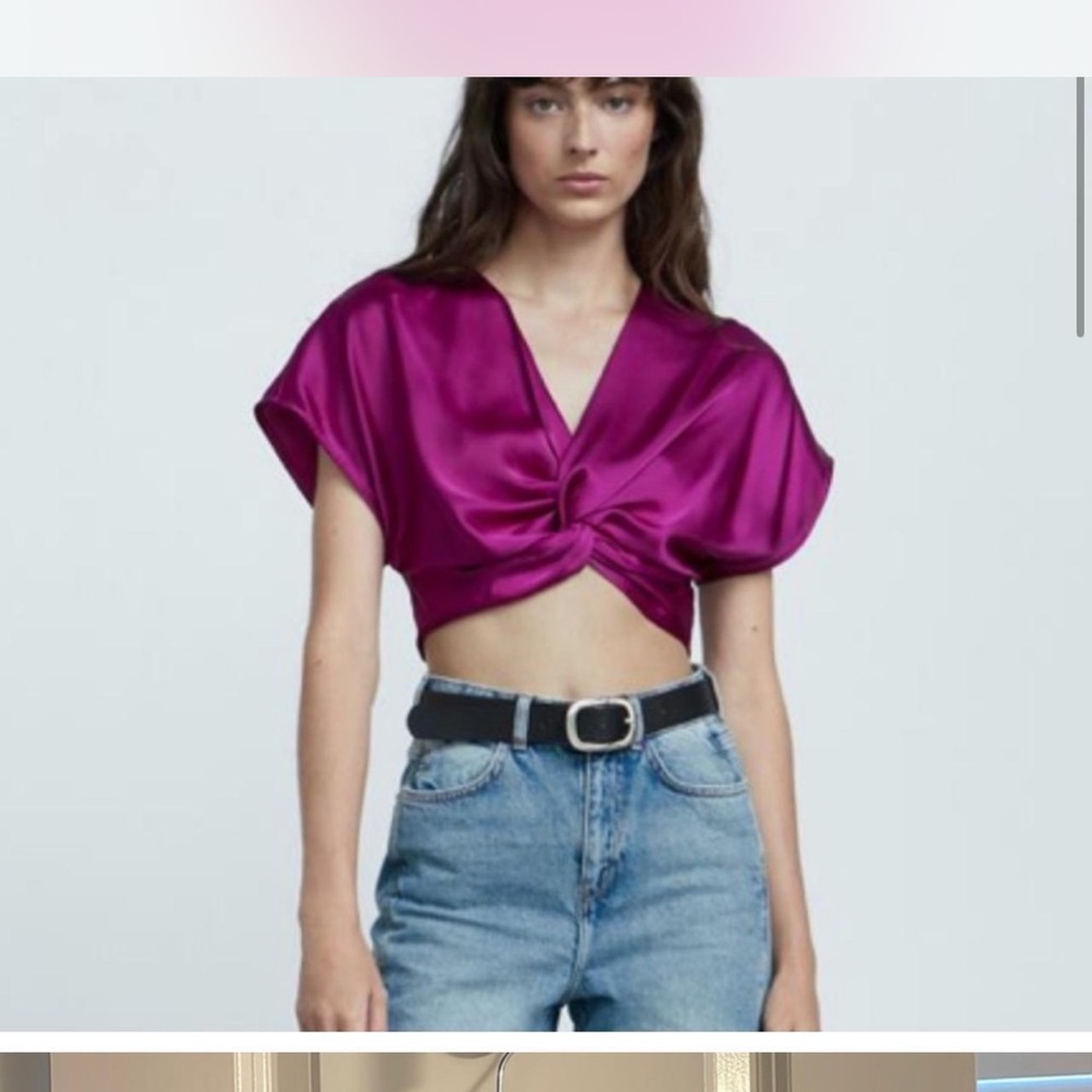 Zara Satin Knot Front Crop Top - Magenta